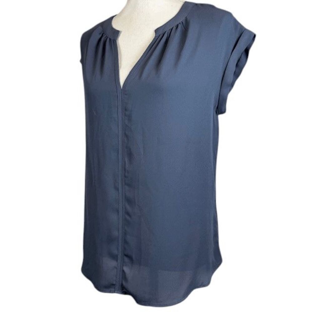 Philosophy Sheer Gauzy Slate Blue Cap Sleeve Blouse Pintuck V-Neck Size Small